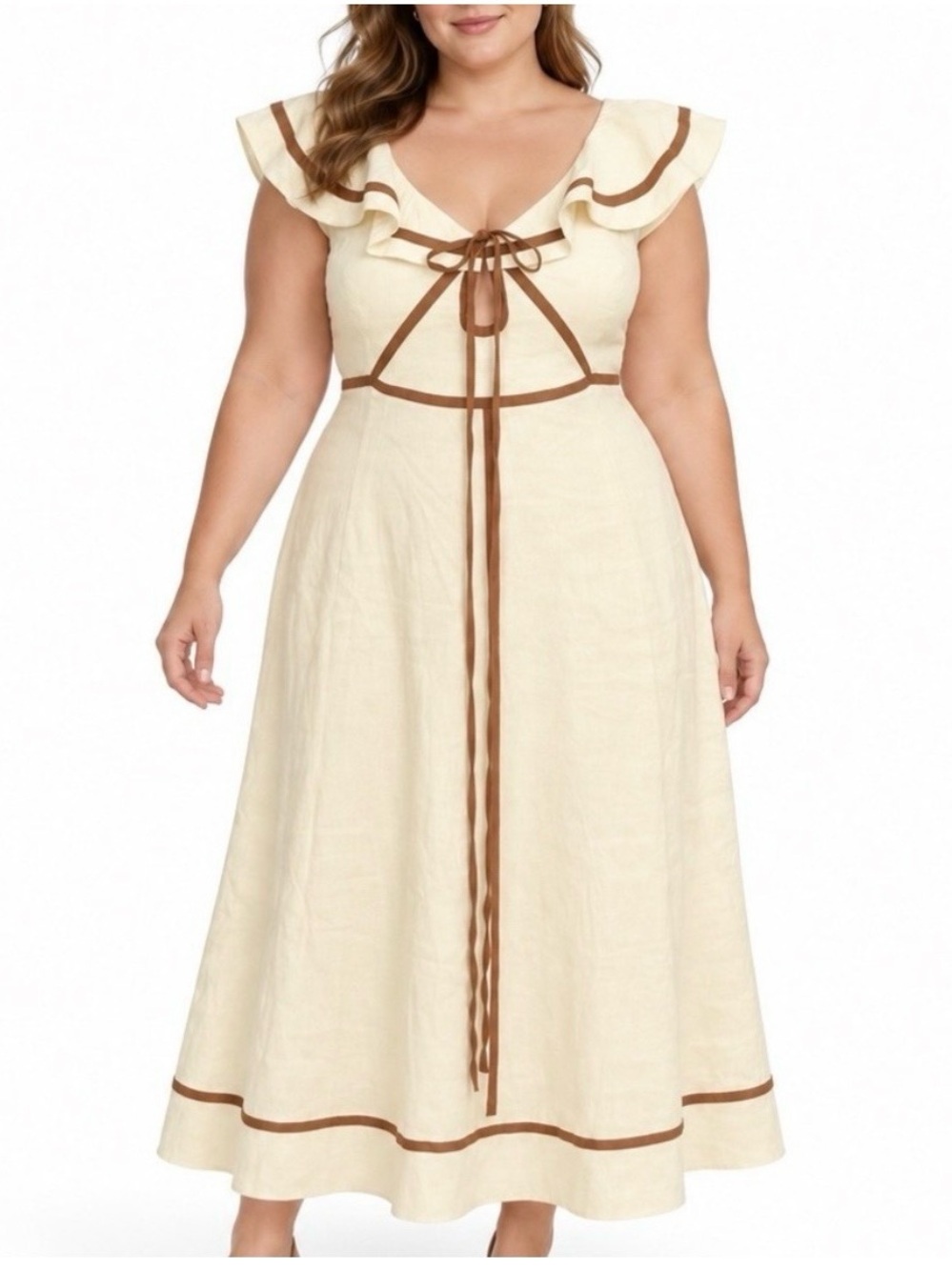 Antonio Melani x M.G Style Curry Linen Blend Flounce Dress Midi Style size 8